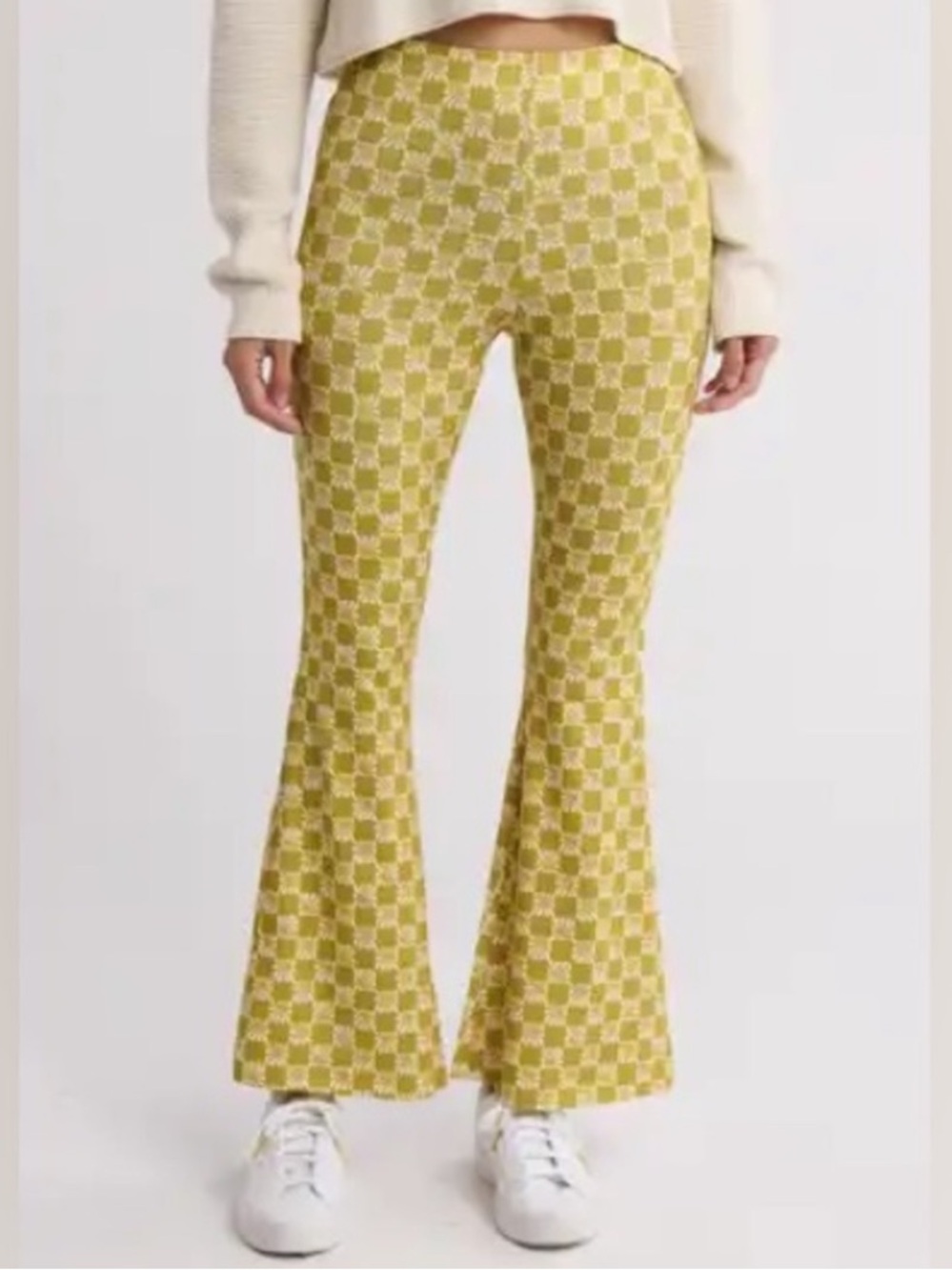 Billabong Hang Loose Pants Chartreuse Mustard Yellow Printed Flared Pants Sz M - Picture 1 of 10